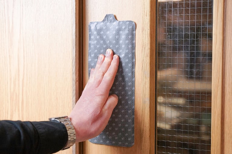 Surfaceskins: Door Hygiene, hand hygiene, hygienic surface, touch, hold, antibacterial, alcohol gel, self-disinfecting,  pull handle , Stick + Protect, stick and protect
